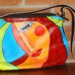 Hand Painted Handbag Purse Shoulder Bag Funky Abstract Portrait of Red Haired Woman