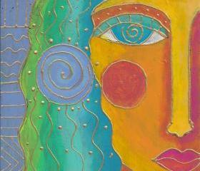 Hand Painted Ceramic Art Tile Colorful Abstract Portrait of a Woman