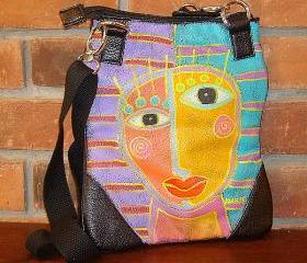 Hand Painted Handbag Purse Shoulder Bag Cross Body Bag Funky Abstract Face