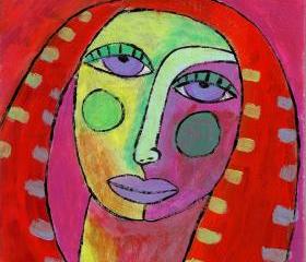 Hand Painted Ceramic Art Tile - Funky Abstract Portrait of a Red Haired Woman