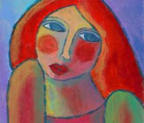 Hand Painted Ceramic Art Tile - Funky Abstract Digital Painting of a Red Haired Woman