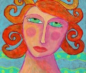 Hand Painted Ceramic Art Tile - Colorful Abstract Portrait of a Woman with Orange Hair