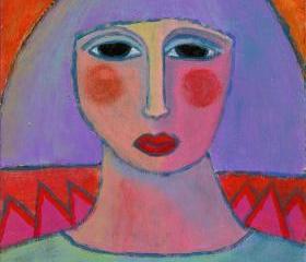 Hand Painted Ceramic Art Tile - Funky Abstract Portrait of a Woman with Purple Hair