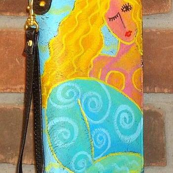 Hand Painted Mermaid Wristlet Handbag Clutch Purse Wallet