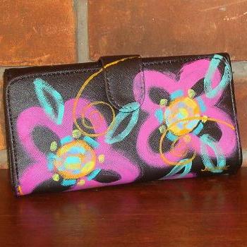 Hand Painted Wallet Abstract Pink Flowers