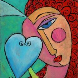 Hand Painted Ceramic Art Tile - Abstract Portrait Painting of A Woman with A Heart