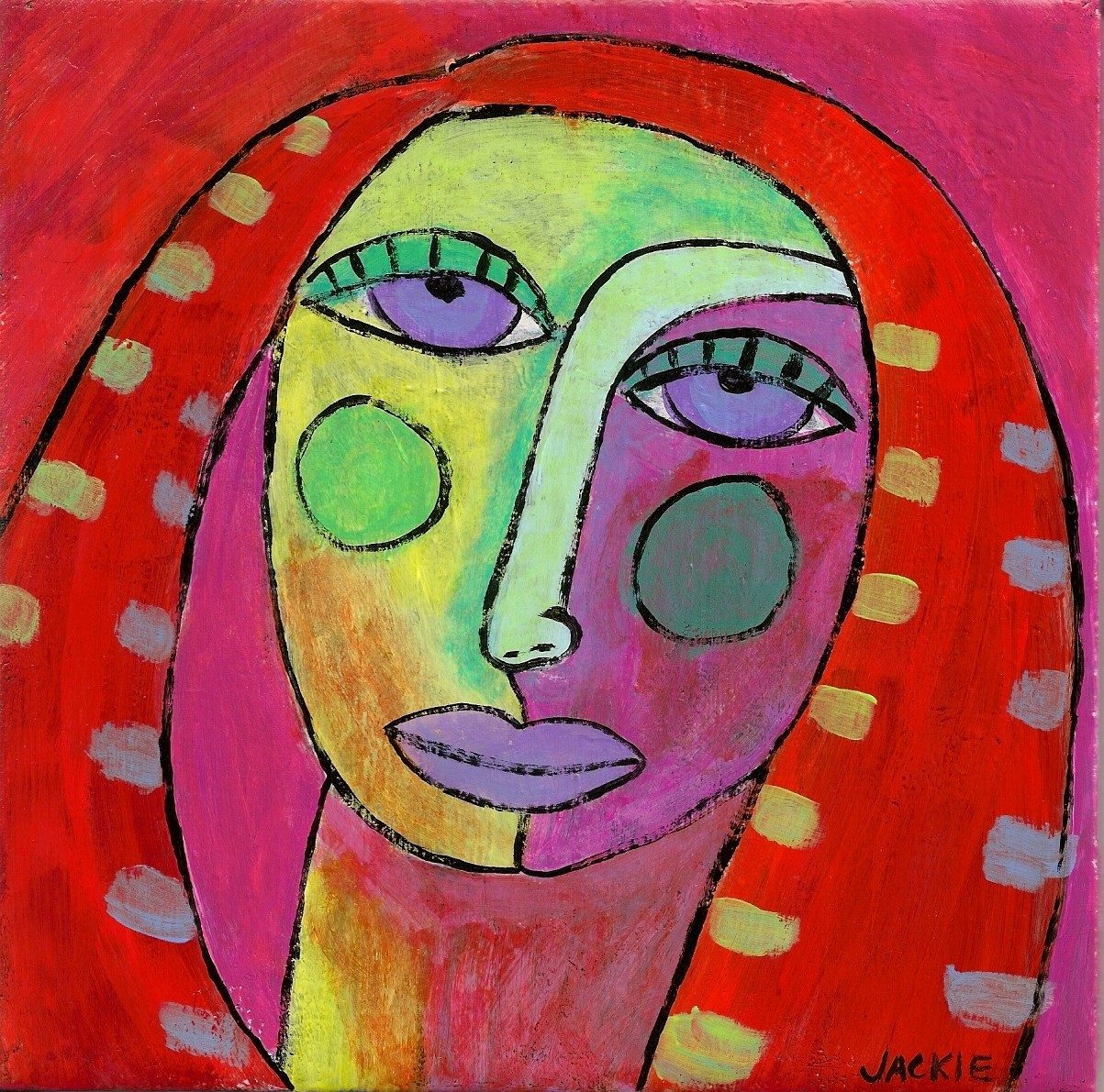 Hand Painted Ceramic Art Tile - Funky Abstract Portrait Of A Red Haired 